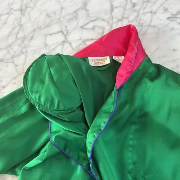 Victoria's Gold Label Vintage Secret Satin Green/Pink Kimono Style Robe Sz Small - Picture 6 of 9